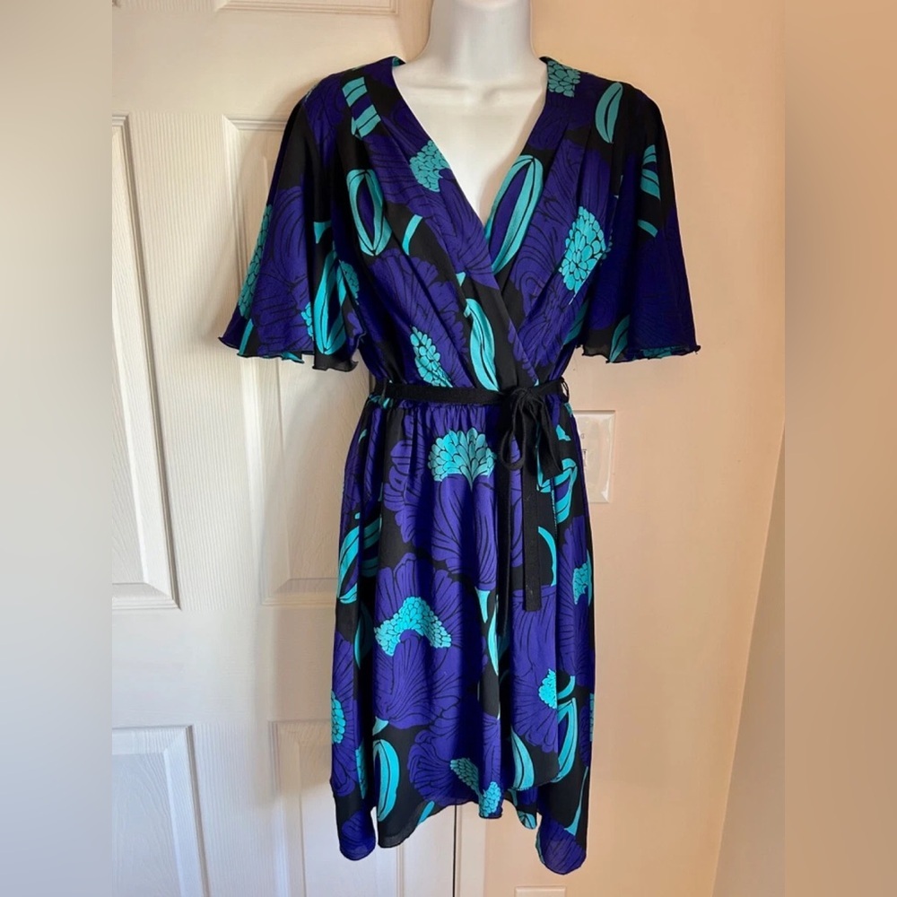 TRINA TURK Silk Purple with Blue Floral Wrap Dress with Flutter Sleeves